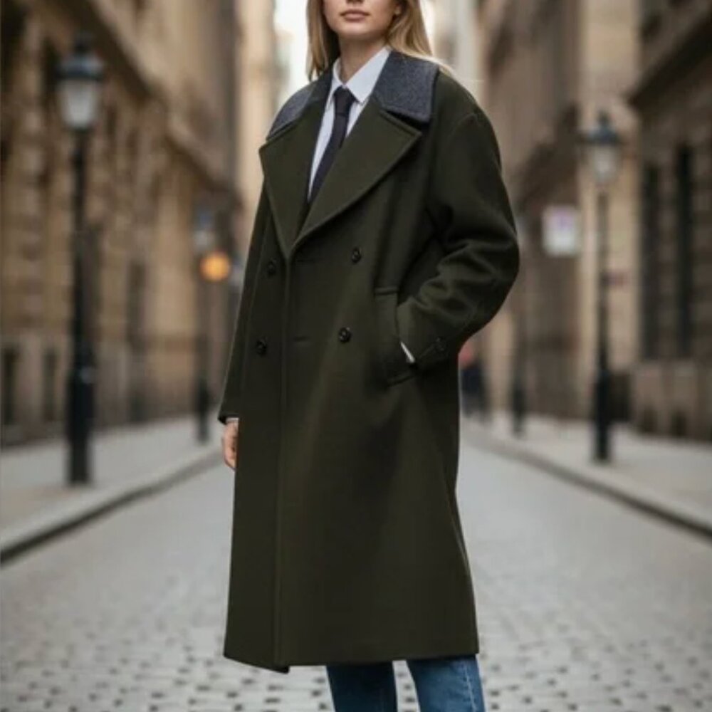 NWT Zara Monteco Wool Double-Breasted Long Coat with Gray Collar/ Olive Green M